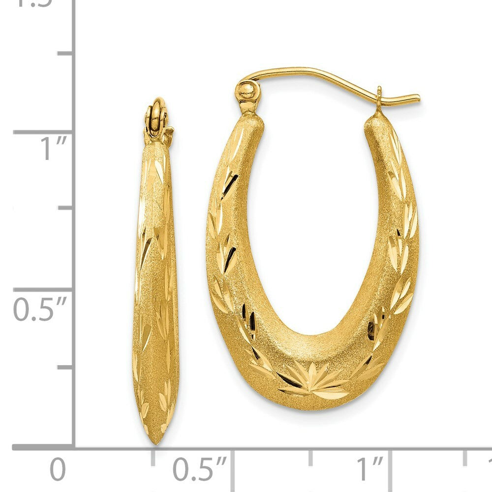 14K Yellow Gold Satin Diamond Cut Hollow Hoop Earrings  16mm width