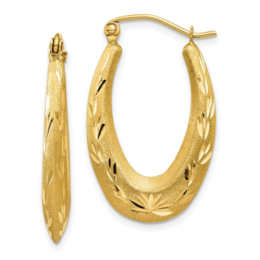 14K Yellow Gold Satin Diamond Cut Hollow Hoop Earrings  16mm width