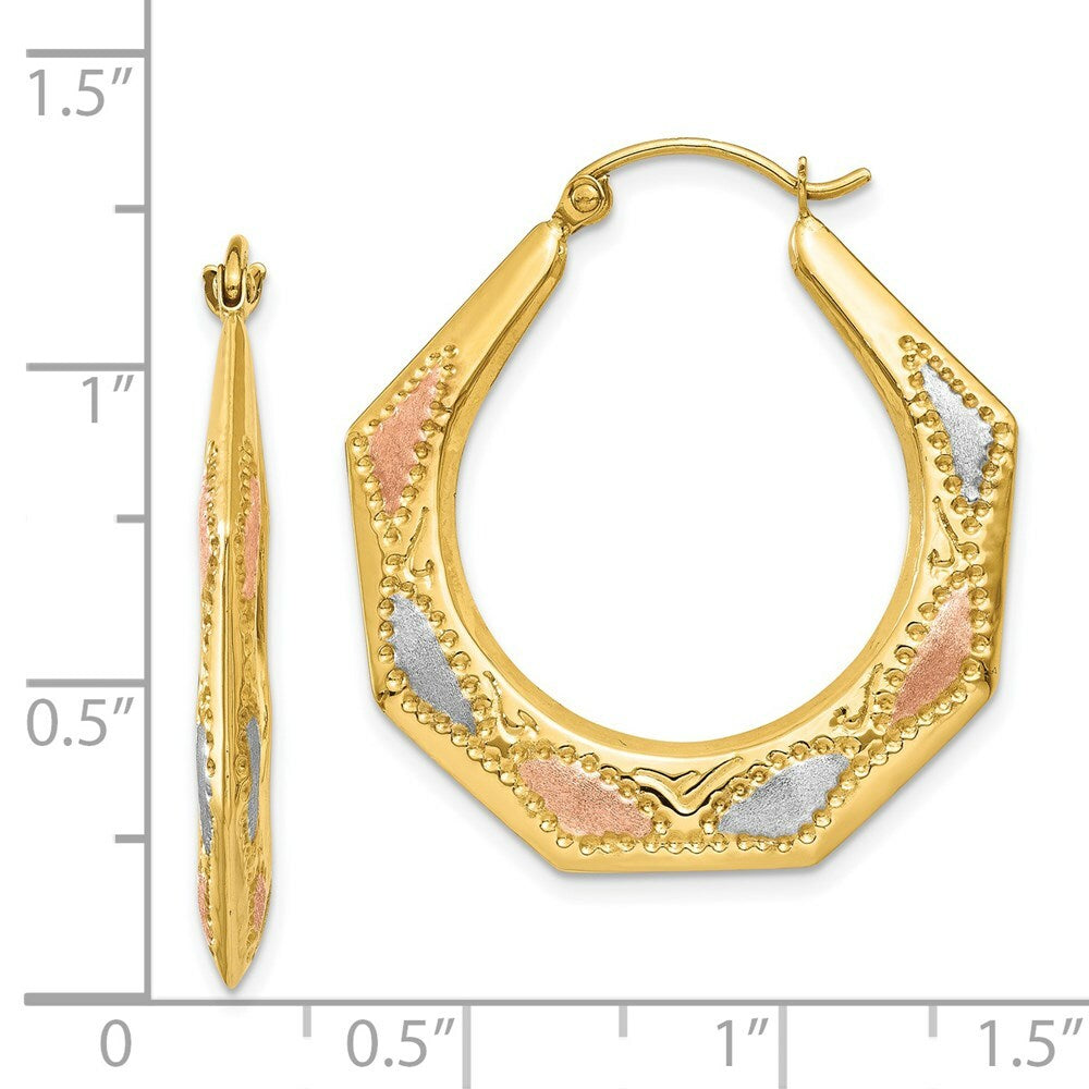 14K Yellow Gold & White and Rose Rhodium Hollow Hoop Earrings  26mm width