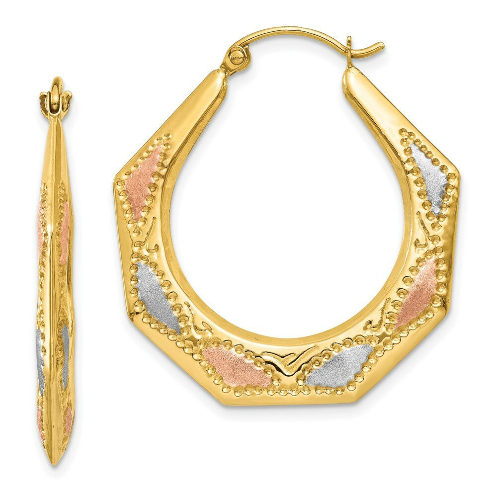 14K Yellow Gold & White and Rose Rhodium Hollow Hoop Earrings  26mm width