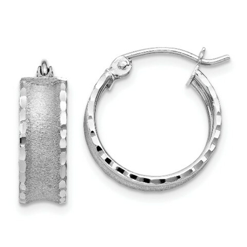 14K White Gold Diamond Cut Satin Hoop Earrings 15mm width