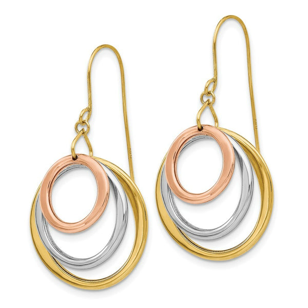 14K Tri-Color Gold Circle Dangle Shepherd Hook Earrings