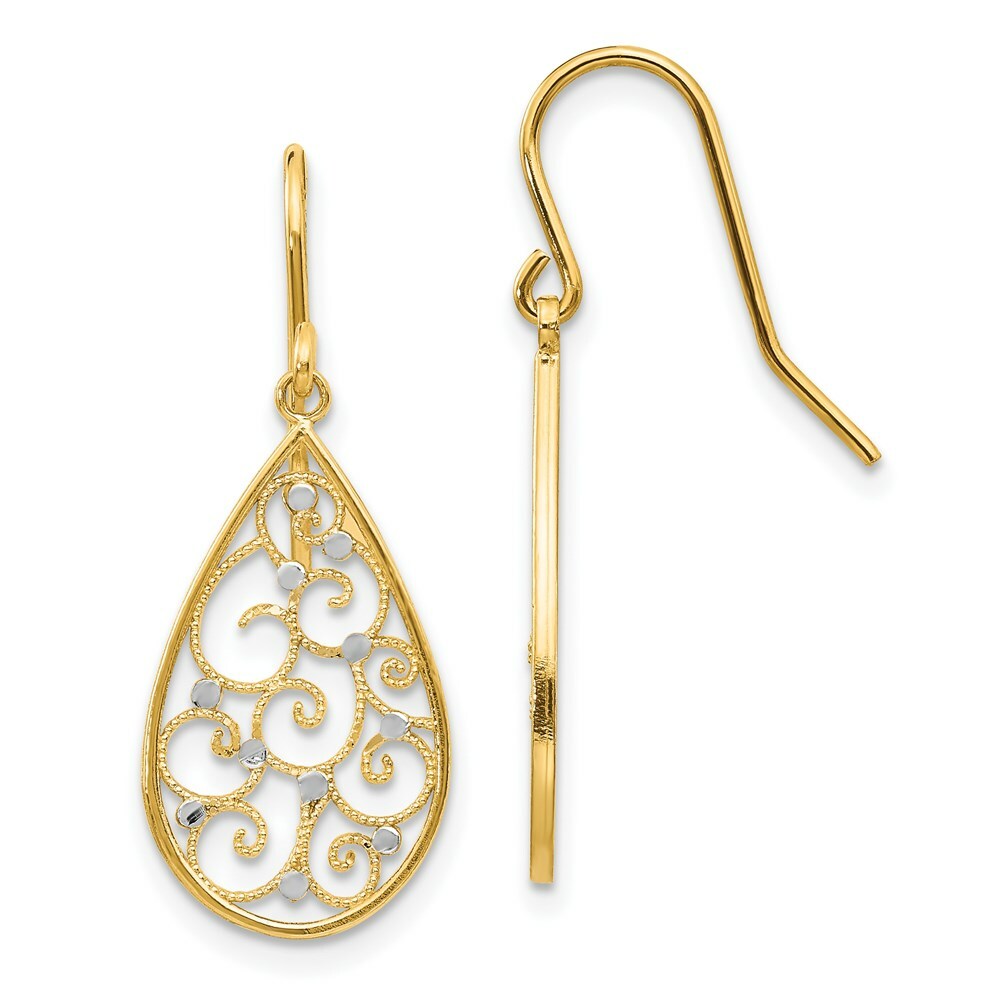 14K Yellow Gold & Rhodium Polished Teardrop Earrings