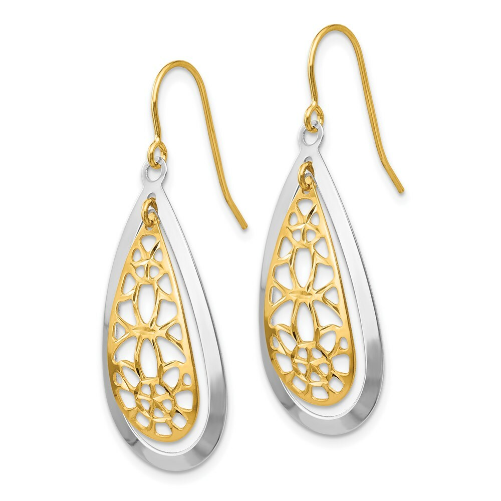 14K Two-tone Gold Diamond Cut Polished Fancy Dangle Earrings