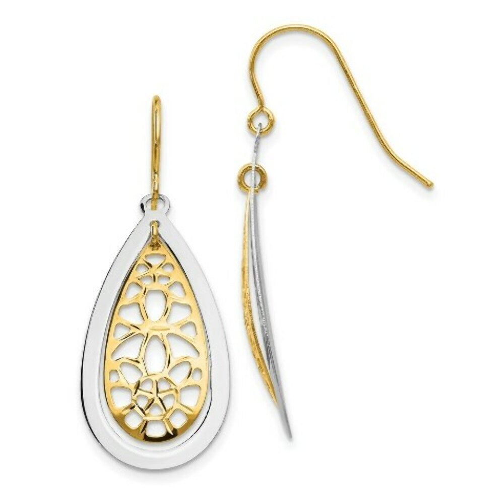 14K Two-tone Gold Diamond Cut Polished Fancy Dangle Earrings