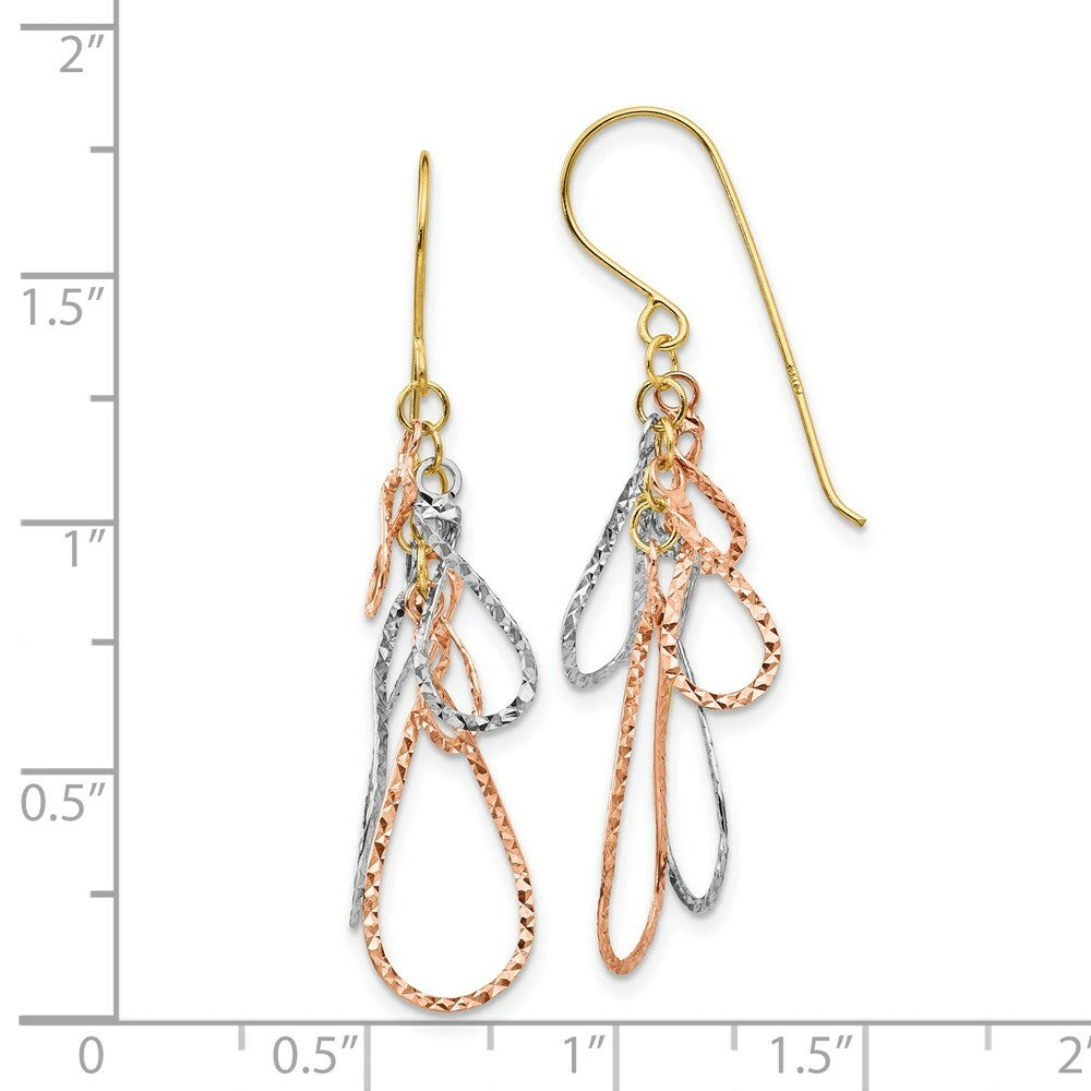 14K Tri-Color Gold Diamond Cut Tear Drop Dangle Earrings