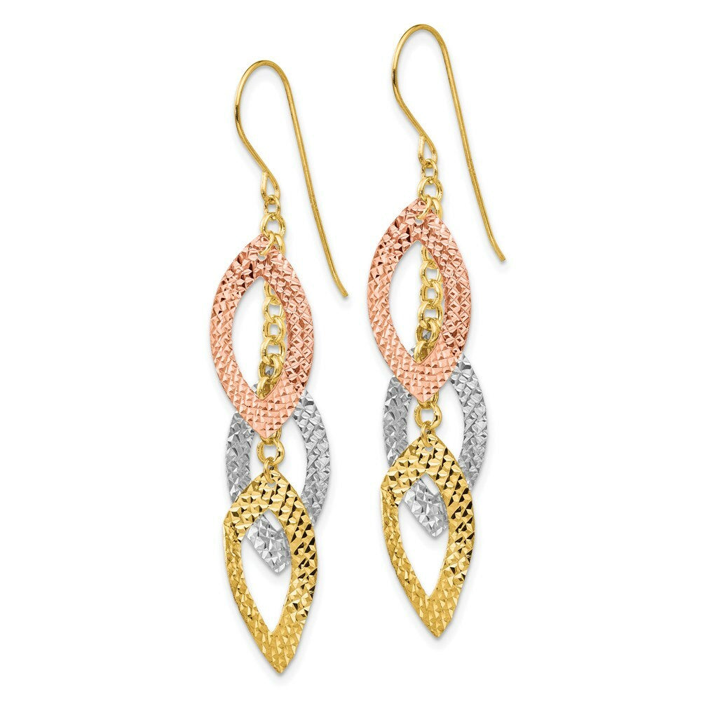 14K Yellow Gold Diamond Cut Tri-color Tear Drop Shepherd Hook Earrings