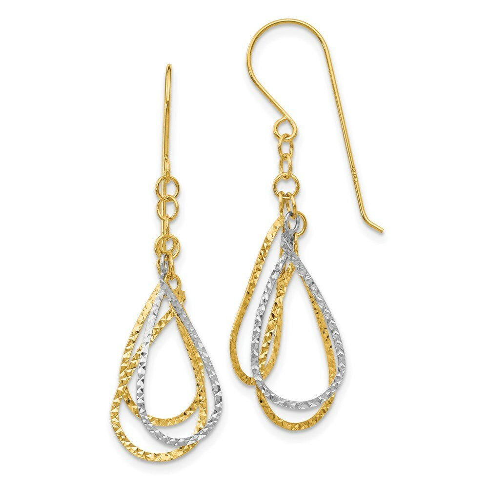 14K Two-tone Gold Diamond Cut Tear Drop Shepherd Hook Earrings