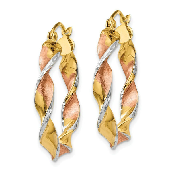 14K Yellow Gold & Rhodium Twisted Hoop Earrings  3.75mm width