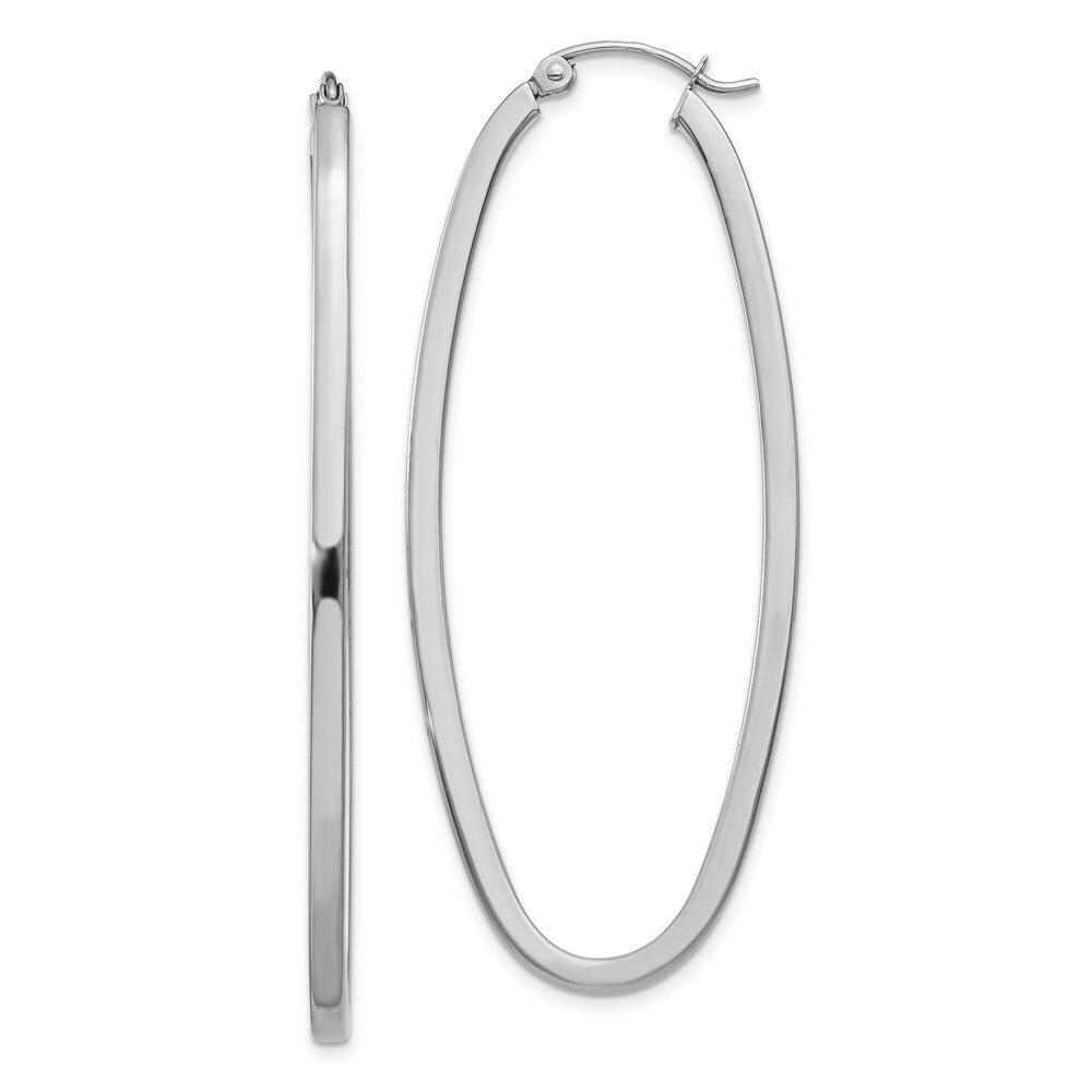 14K White Gold Large Oval Hoop Earrings  2mm width