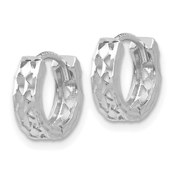 14K White Gold Diamond-cut Hinged Hoop Earrings 4mm width