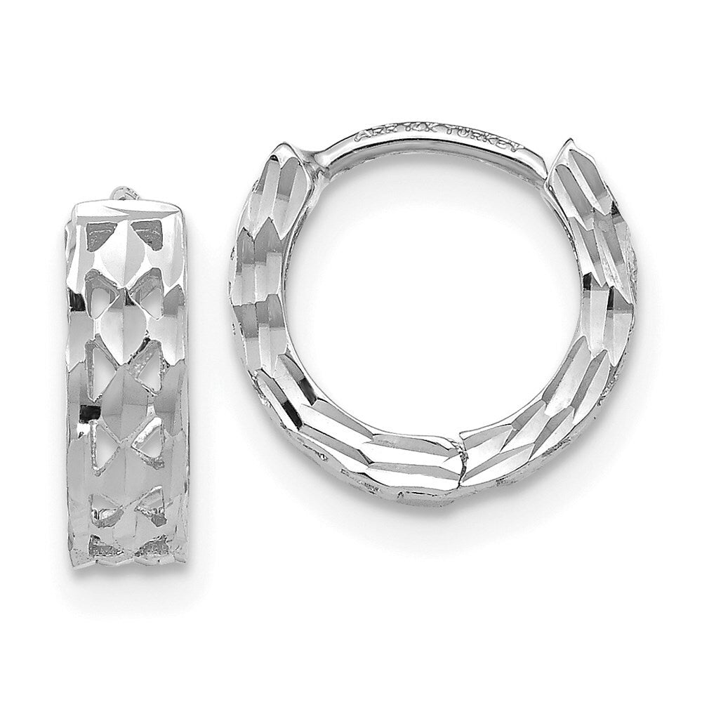 14K White Gold Diamond-cut Hinged Hoop Earrings 4mm width