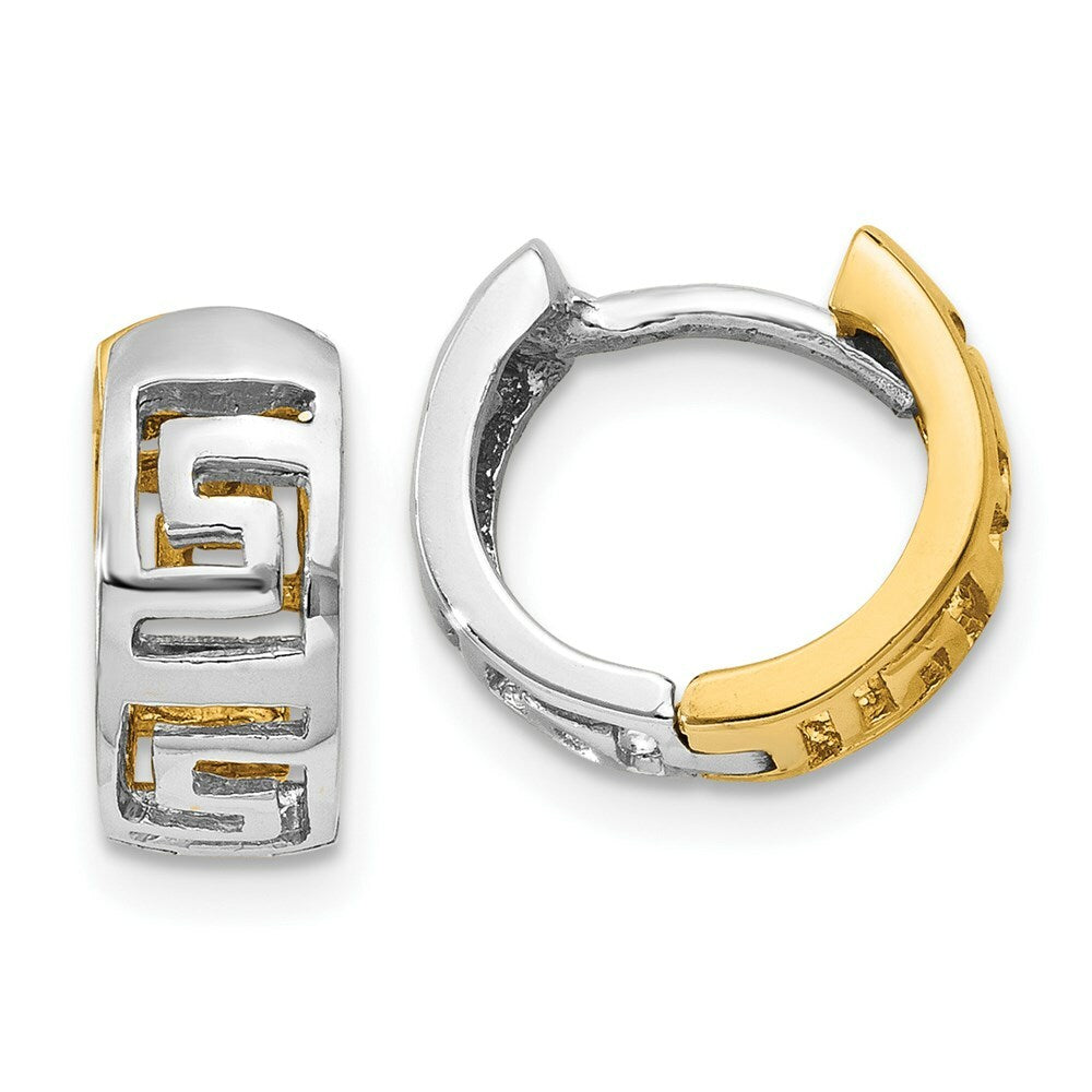 14K Two-tone Gold Greek Key Hinged Hoop Earrings  5.5mm width