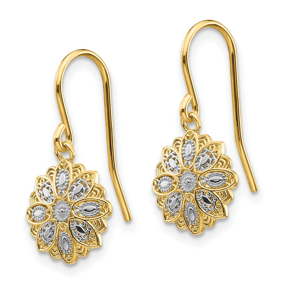 14K Yellow Gold & Rhodium Polished Fancy Dangle Earrings