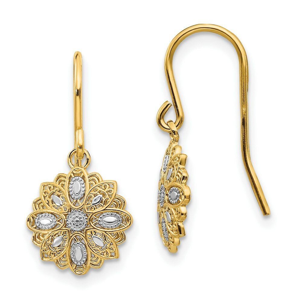 14K Yellow Gold & Rhodium Polished Fancy Dangle Earrings