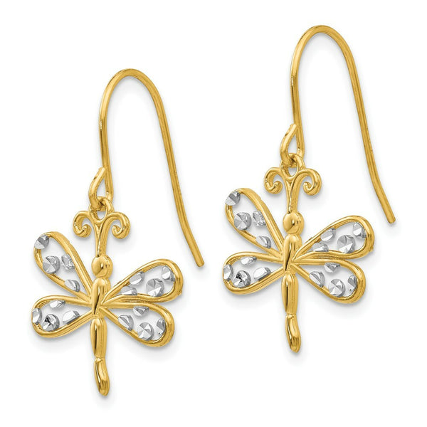 14K Yellow Gold & Rhodium Diamond-cut Dragonfly Shepherd Hook Earrings