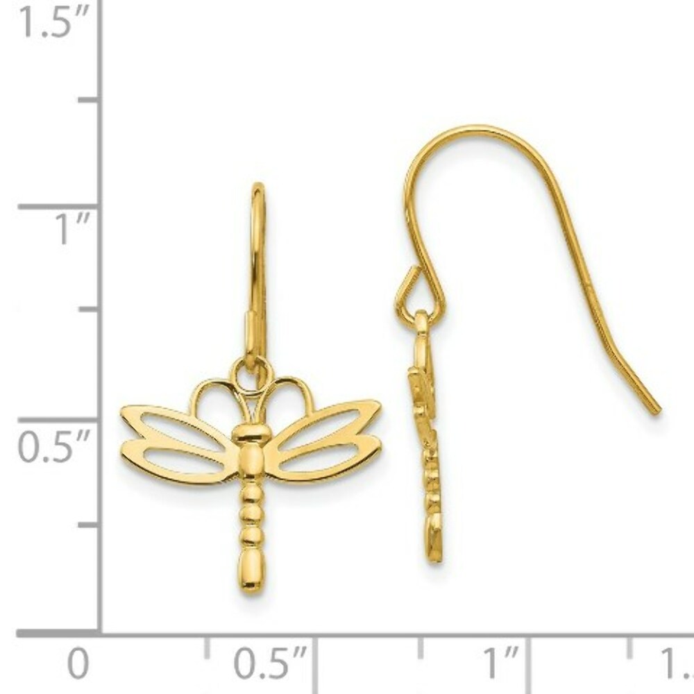 14K Yellow Gold Dragonfly Shepherd Hook Earrings