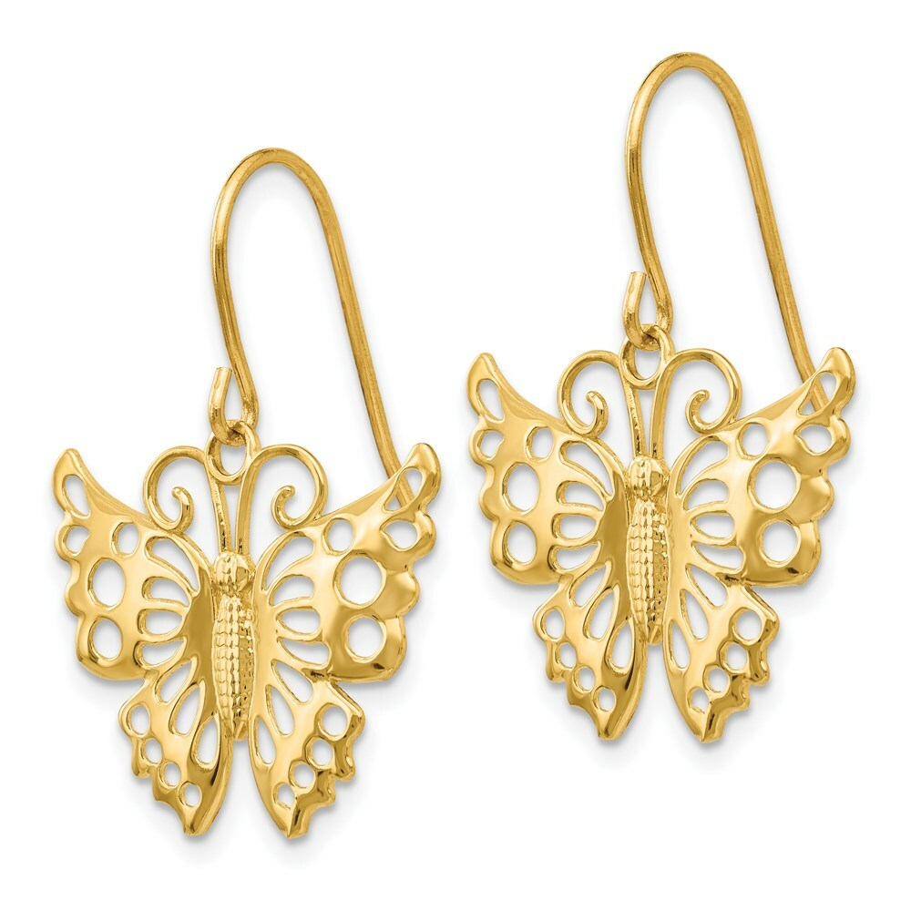 14K Yellow Gold Dangle Butterfly Shepherd Hook Earrings