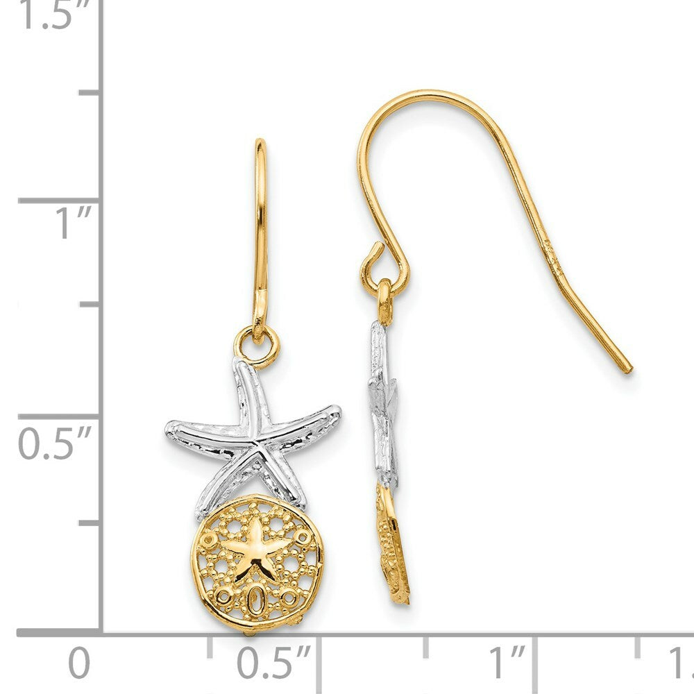 14K Yellow Gold & Rhodium StarFish w/Sand Dollar Shepherd Hook Earrings