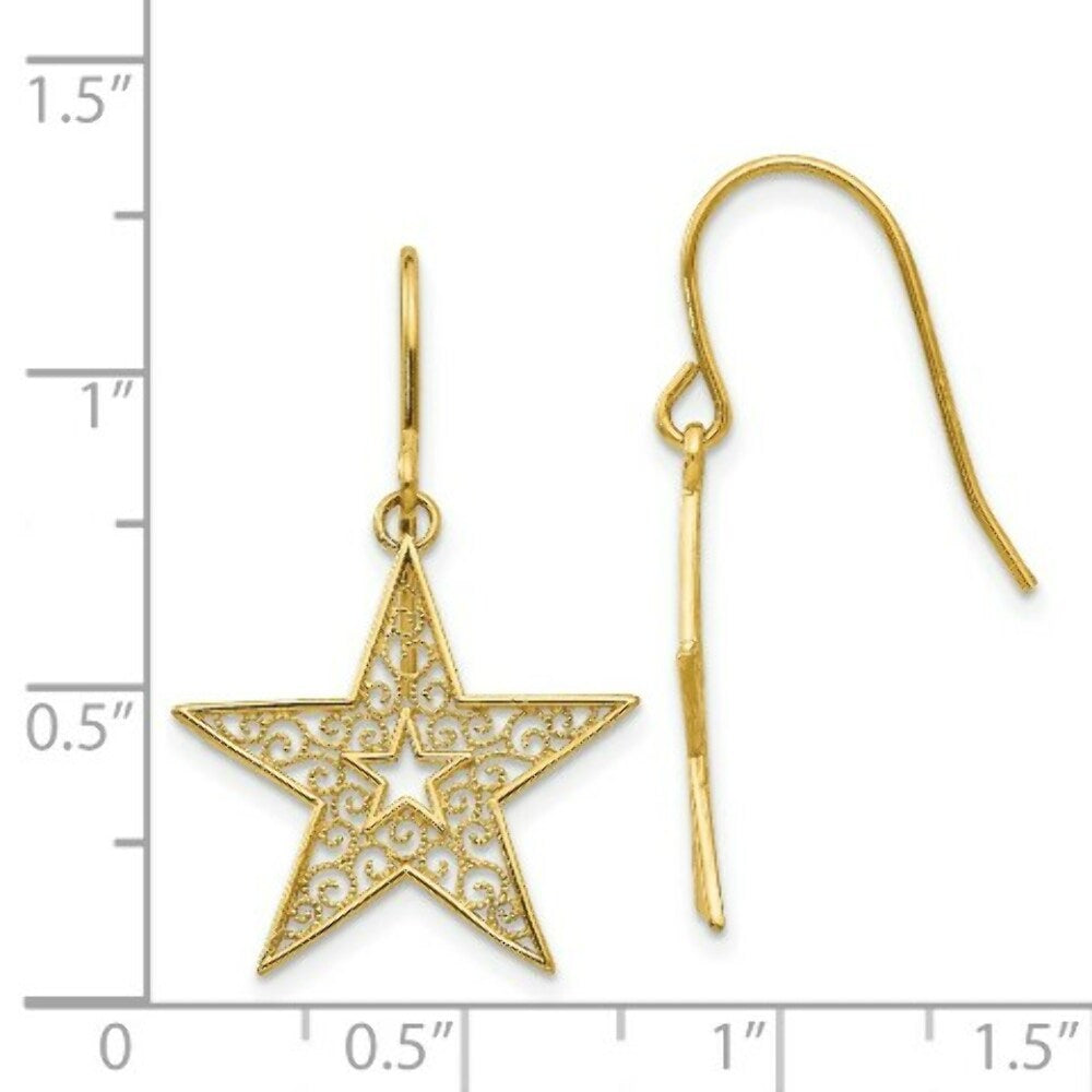 14K Yellow Gold Filigree Star Shepherd Hook Earrings