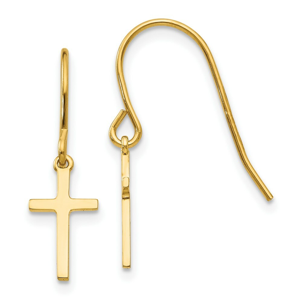 14K Yellow Gold Dangle Cross Shepherd Hook Earrings