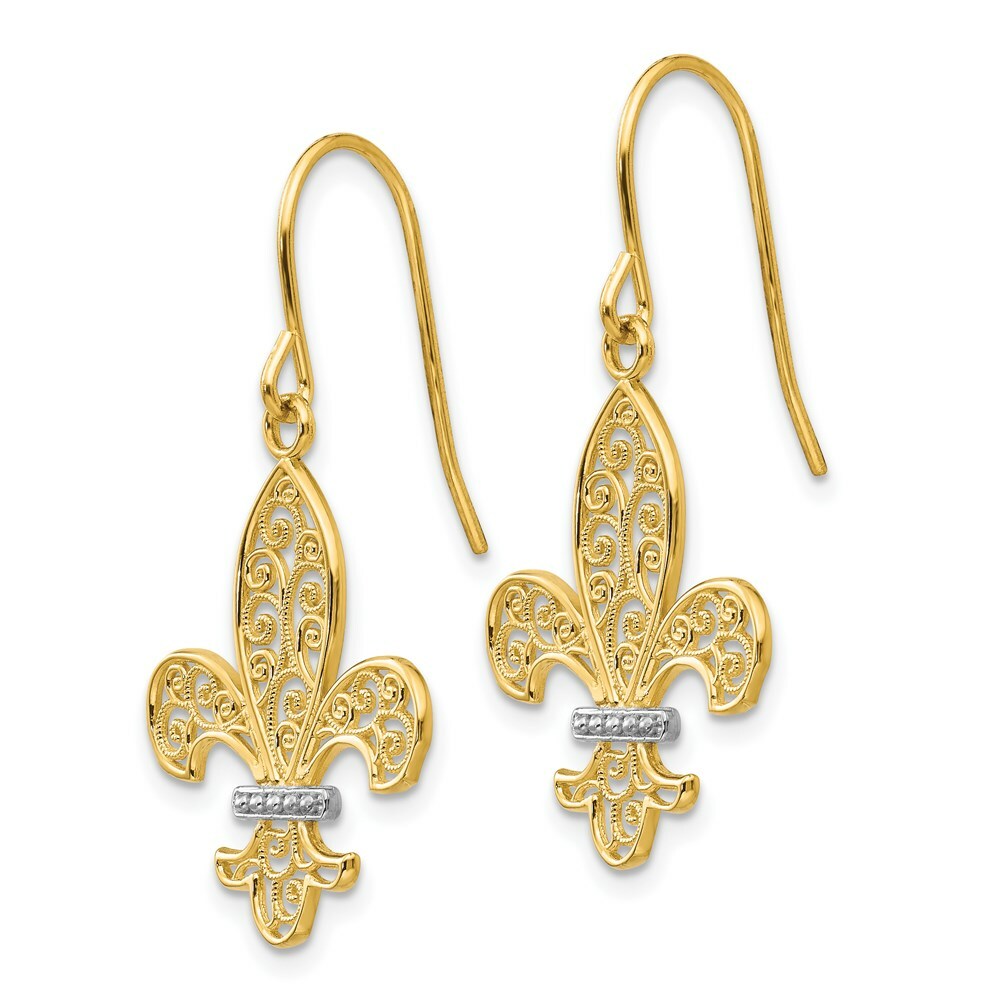 14K Yellow Gold & Rhodium Fleur de lis Shepherd Hook Earrings
