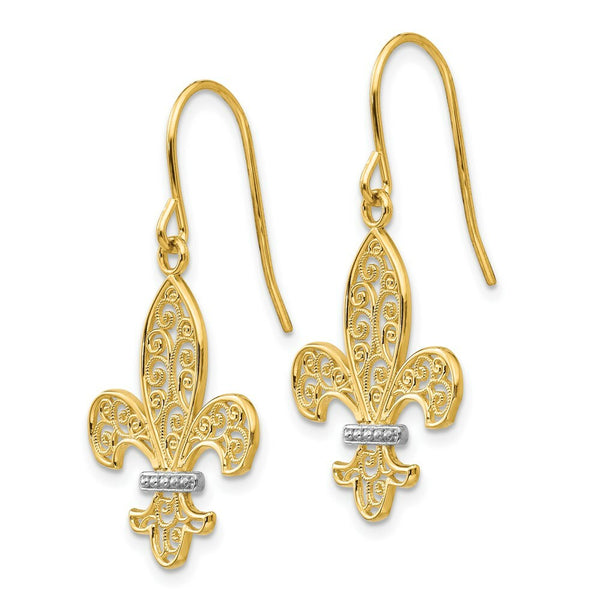 14K Yellow Gold & Rhodium Fleur de lis Shepherd Hook Earrings