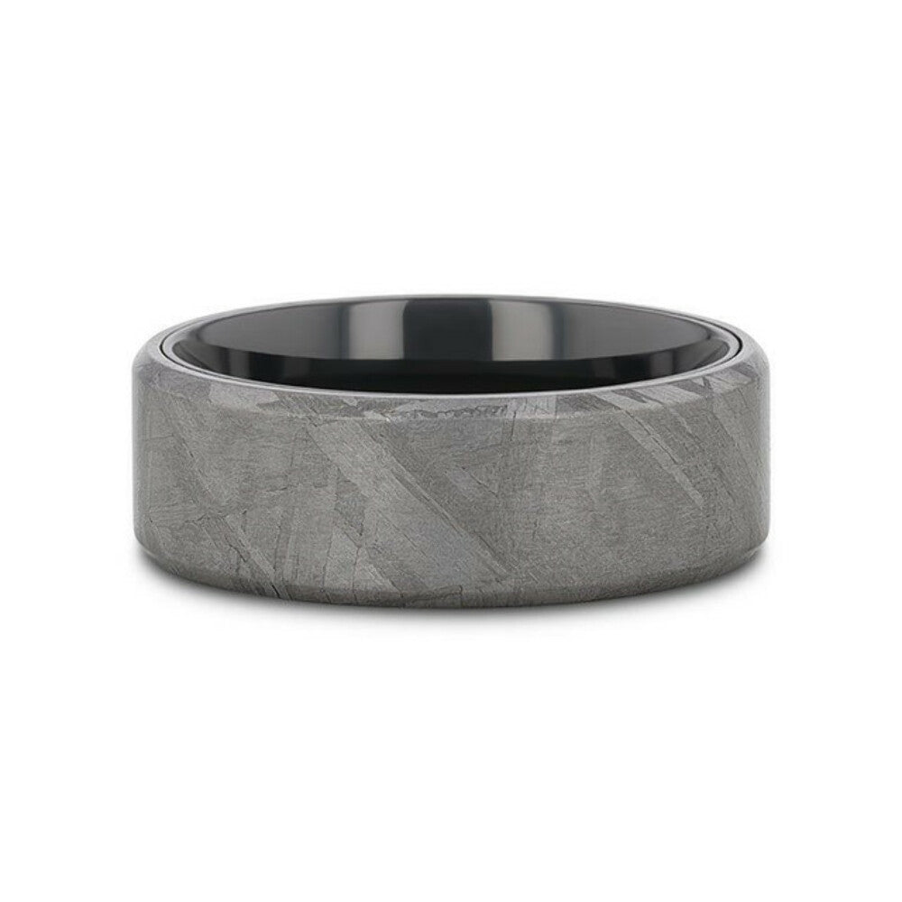 Mens Flat Black Titanium Meteorite and Beveled Edges Wedding Ring - 8mm Wide - Style name: DIEMOS