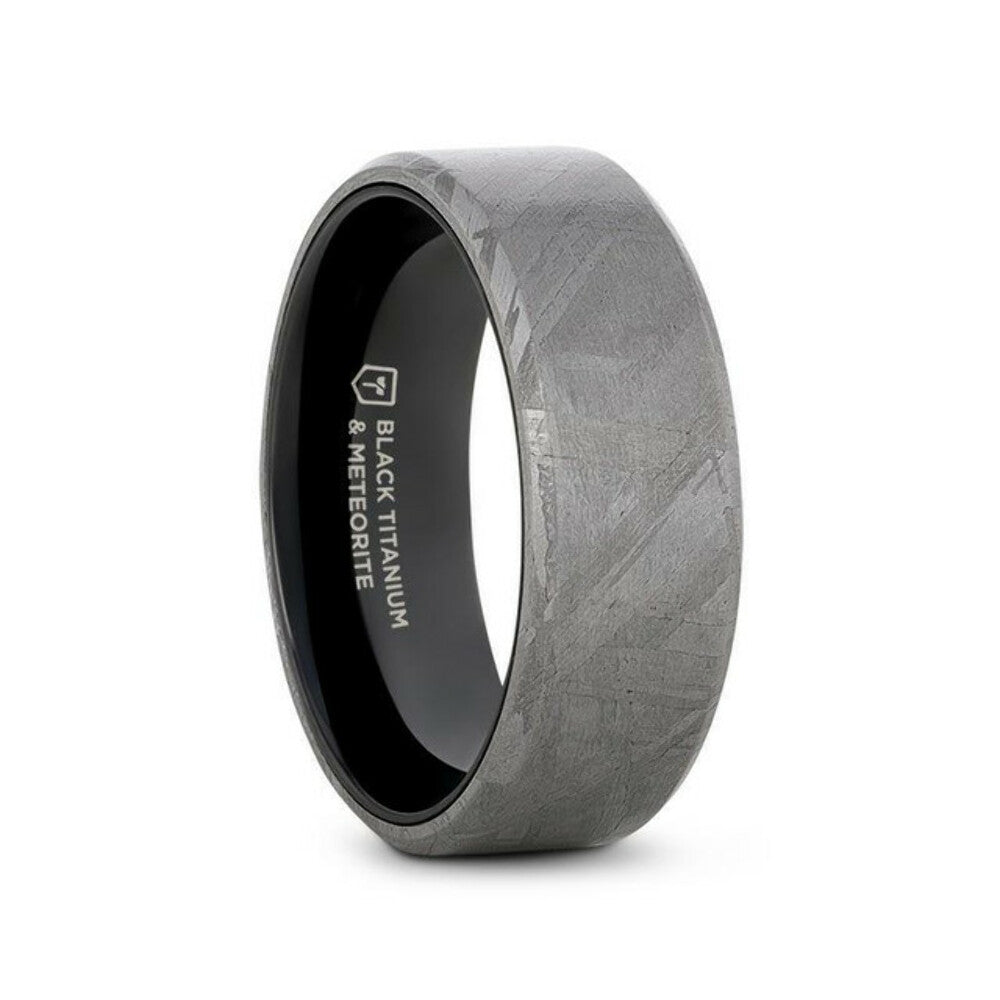 Mens Flat Black Titanium Meteorite and Beveled Edges Wedding Ring - 8mm Wide - Style name: DIEMOS
