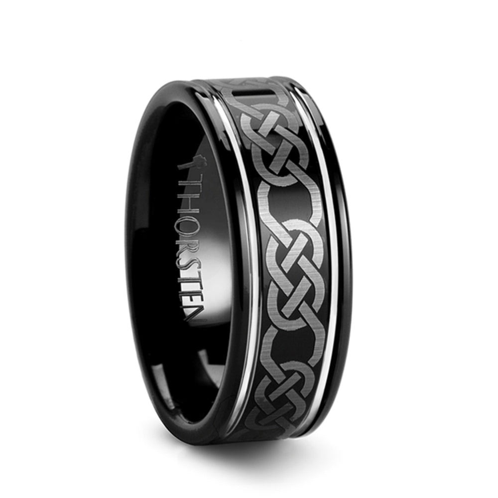 Mens Comfort Fit -Black Tungsten Carbide Ring - Celtic Pattern - 8mm Wide - Style name: KILKENNY