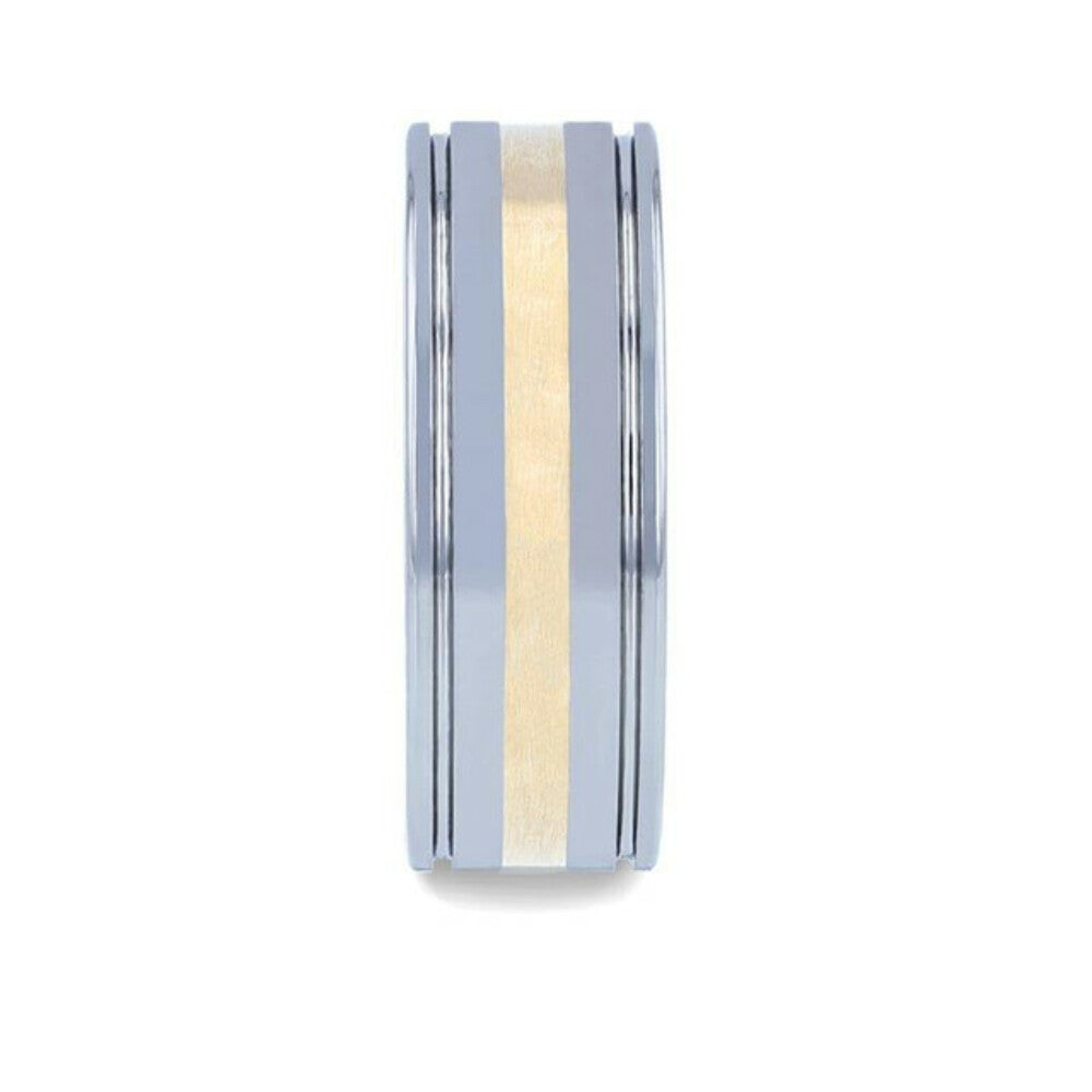 Mens 14k Gold Inlay with Grooved Edges Tungsten Polished Wedding Ring - 8mm Wide - Style name: LAZIO