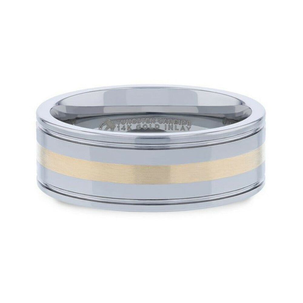 Mens 14k Gold Inlay with Grooved Edges Tungsten Polished Wedding Ring - 8mm Wide - Style name: LAZIO