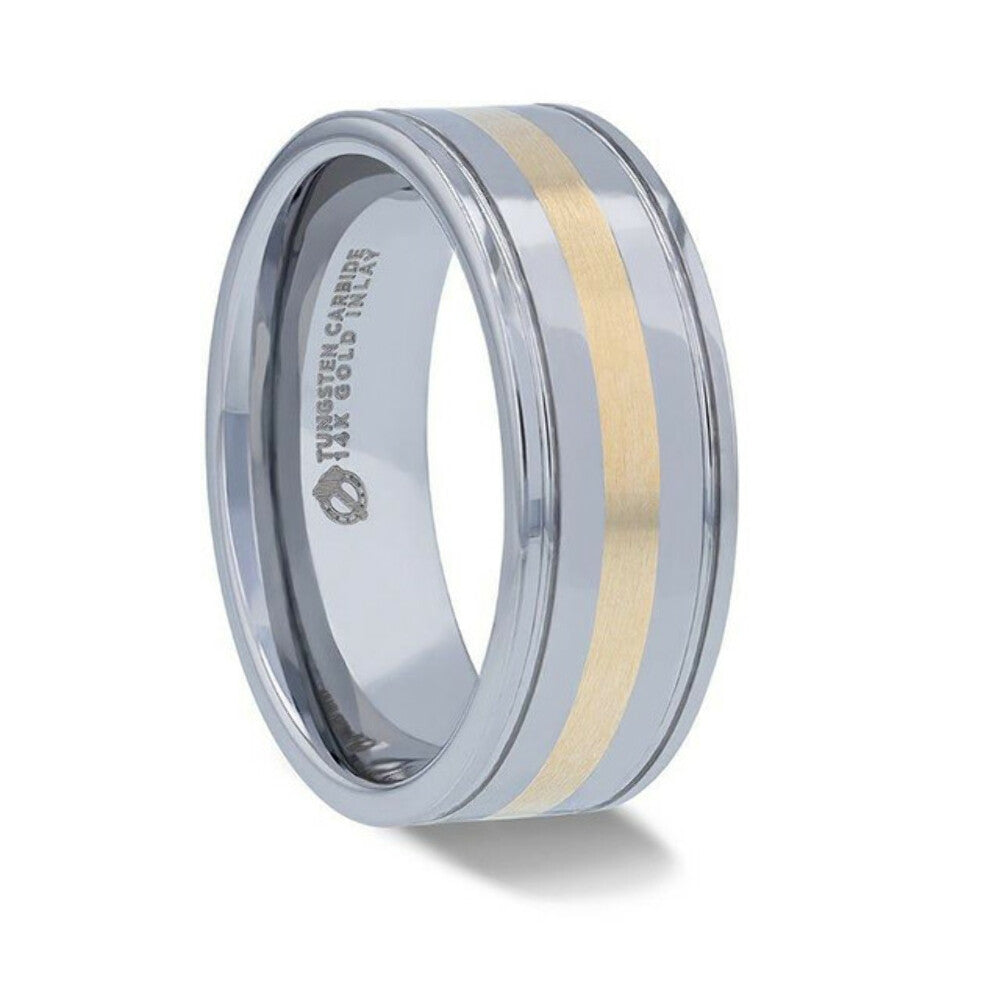 Mens 14k Gold Inlay with Grooved Edges Tungsten Polished Wedding Ring - 8mm Wide - Style name: LAZIO