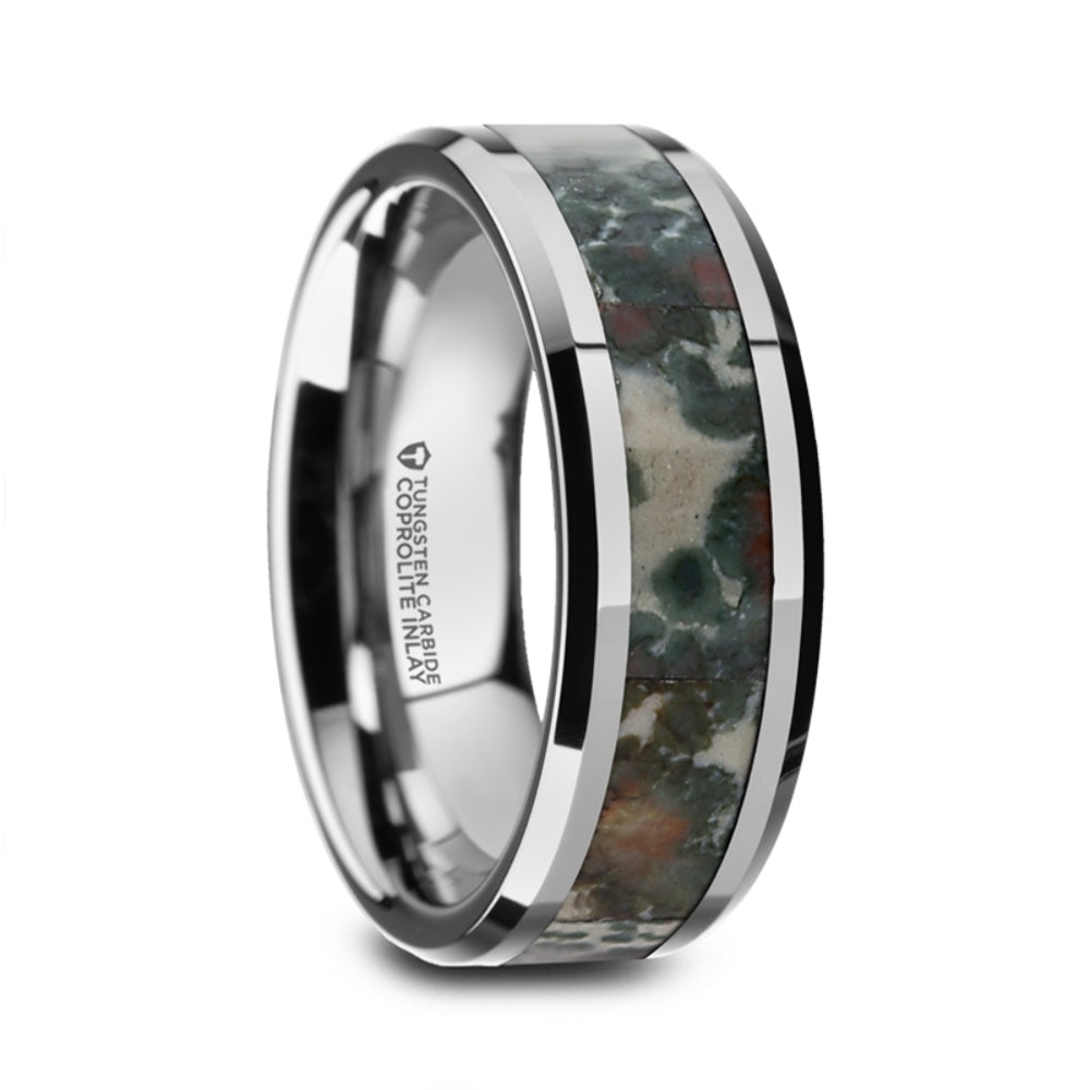 Mens Comfort Fit - Tungsten Carbide Beveled Wedding Band Ring - Coprolite Fossil Inlay - 8mm Wide - Style name: CRETACEOUS