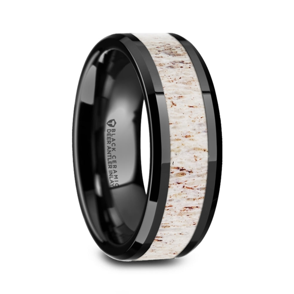 Mens Comfort Fit -Black Ceramic Beveled Wedding Band - Off White Antler Inlay - 8mm Wide - Style name: STAG