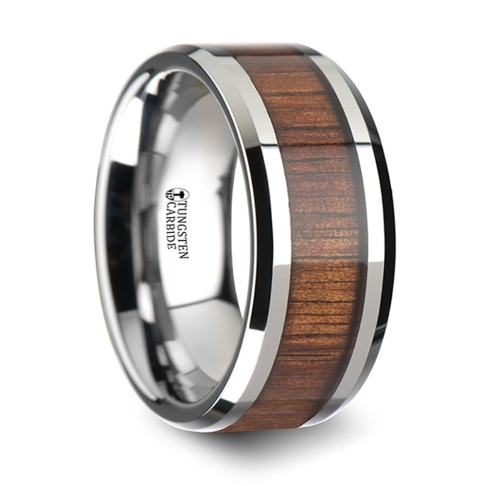 Mens Comfort Fit -Koa Wood Inlaid Tungsten Carbide Ring - Bevels - 4mm 6mm 8mm 10mm 12 Wide - Style name: KONA