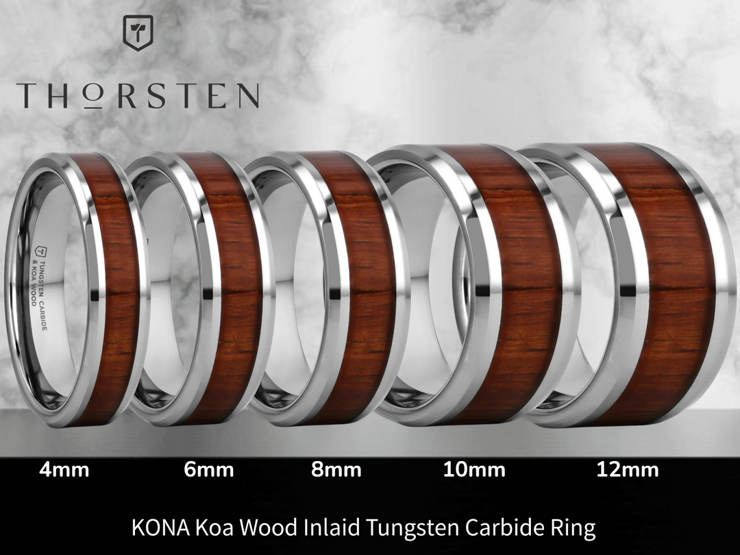 Mens Comfort Fit -Koa Wood Inlaid Tungsten Carbide Ring - Bevels - 4mm 6mm 8mm 10mm 12 Wide - Style name: KONA