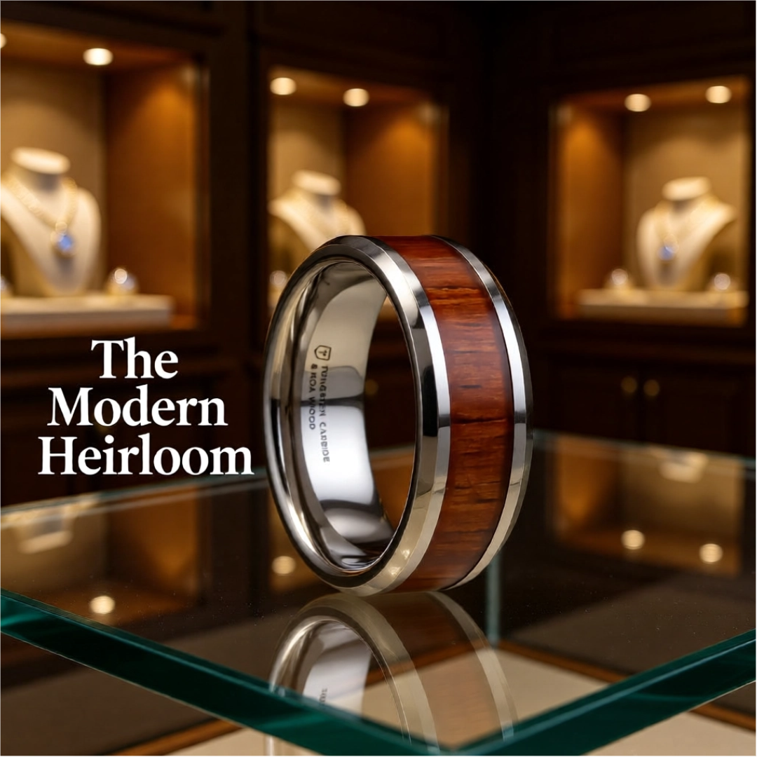 Mens Comfort Fit -Koa Wood Inlaid Tungsten Carbide Ring - Bevels - 4mm 6mm 8mm 10mm 12 Wide - Style name: KONA