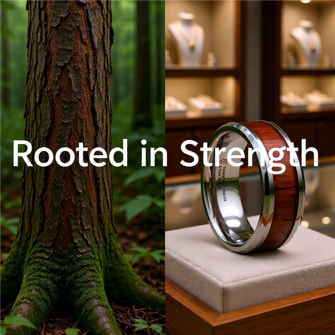 Mens Comfort Fit -Koa Wood Inlaid Tungsten Carbide Ring - Bevels - 4mm 6mm 8mm 10mm 12 Wide - Style name: KONA