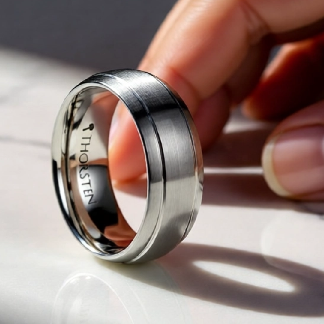 Mens Comfort Fit -Brushed Domed Tungsten Carbide Ring - Dual Grooves - 6mm 8mm Wide - Style name: MAGNUS - Lifetime Warranty