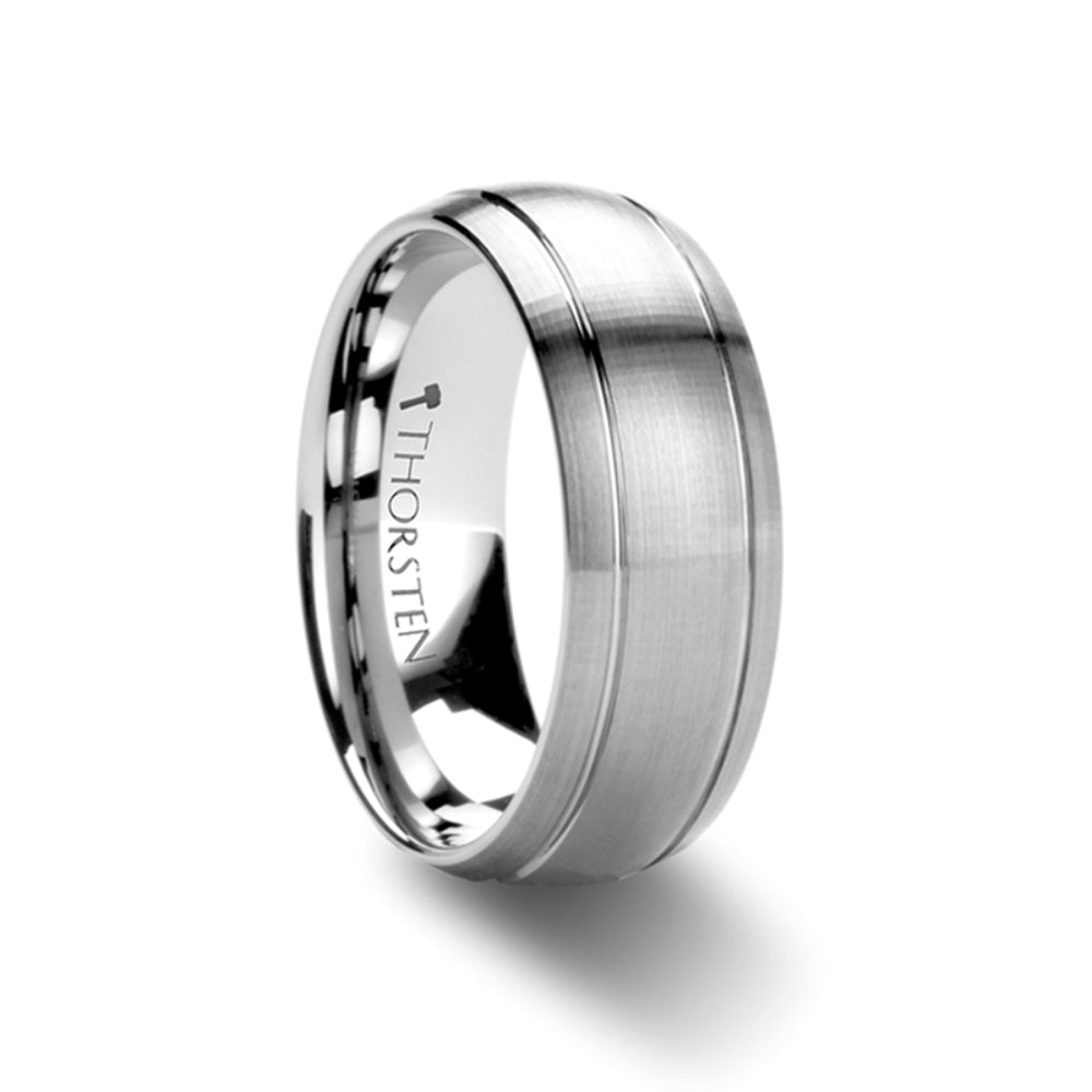 Mens Comfort Fit -Brushed Domed Tungsten Carbide Ring - Dual Grooves - 6mm 8mm Wide - Style name: MAGNUS - Lifetime Warranty
