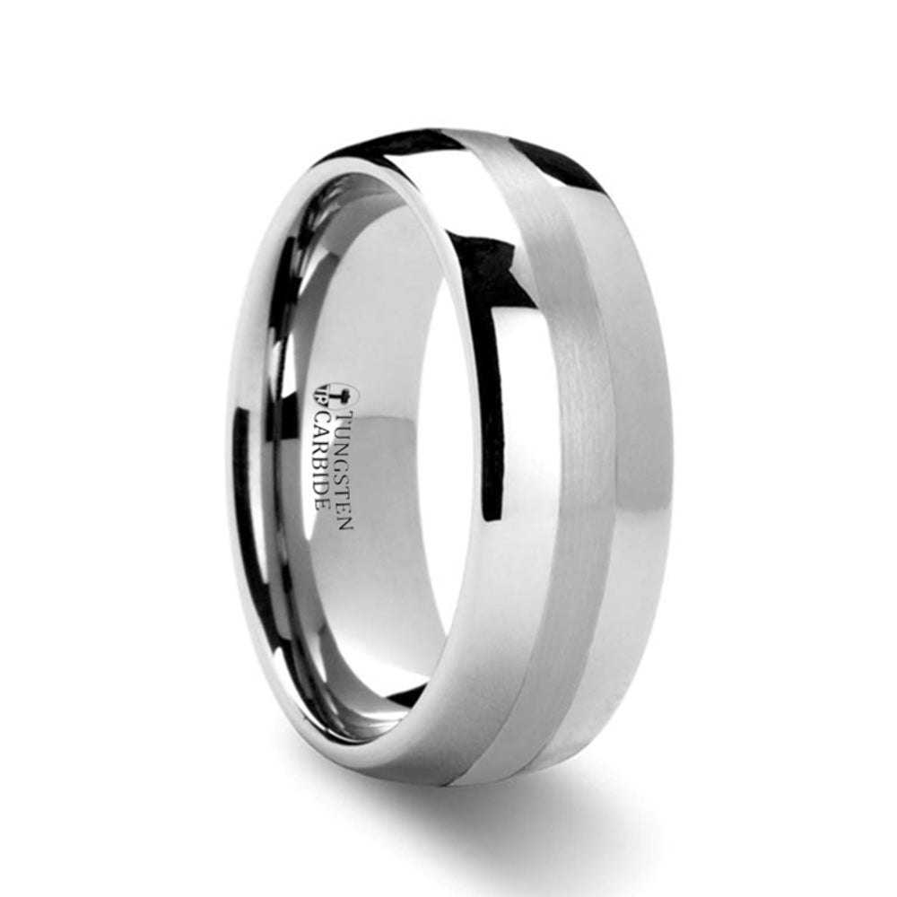 Mens Comfort Fit -Domed Platinum Inlaid Tungsten Carbide Wedding Ring - 8mm Wide - Style name: PONTUS