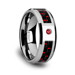 Load image into Gallery viewer, Comfort Fit Tungsten Carbide - Mens Wedding Band Ring - Black and Red Carbon Fiber Inlay - Bezel Set Lab Created Red Ruby - Beveled Edges - Style name: ADRIAN - 8mm wide
