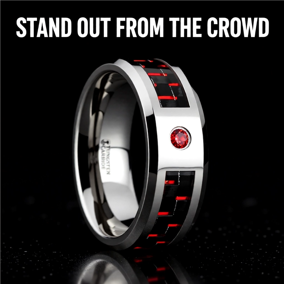 Comfort Fit Tungsten Carbide - Mens Wedding Band Ring - Black and Red Carbon Fiber Inlay - Bezel Set Lab Created Red Ruby - Beveled Edges - Style name: ADRIAN - 8mm wide