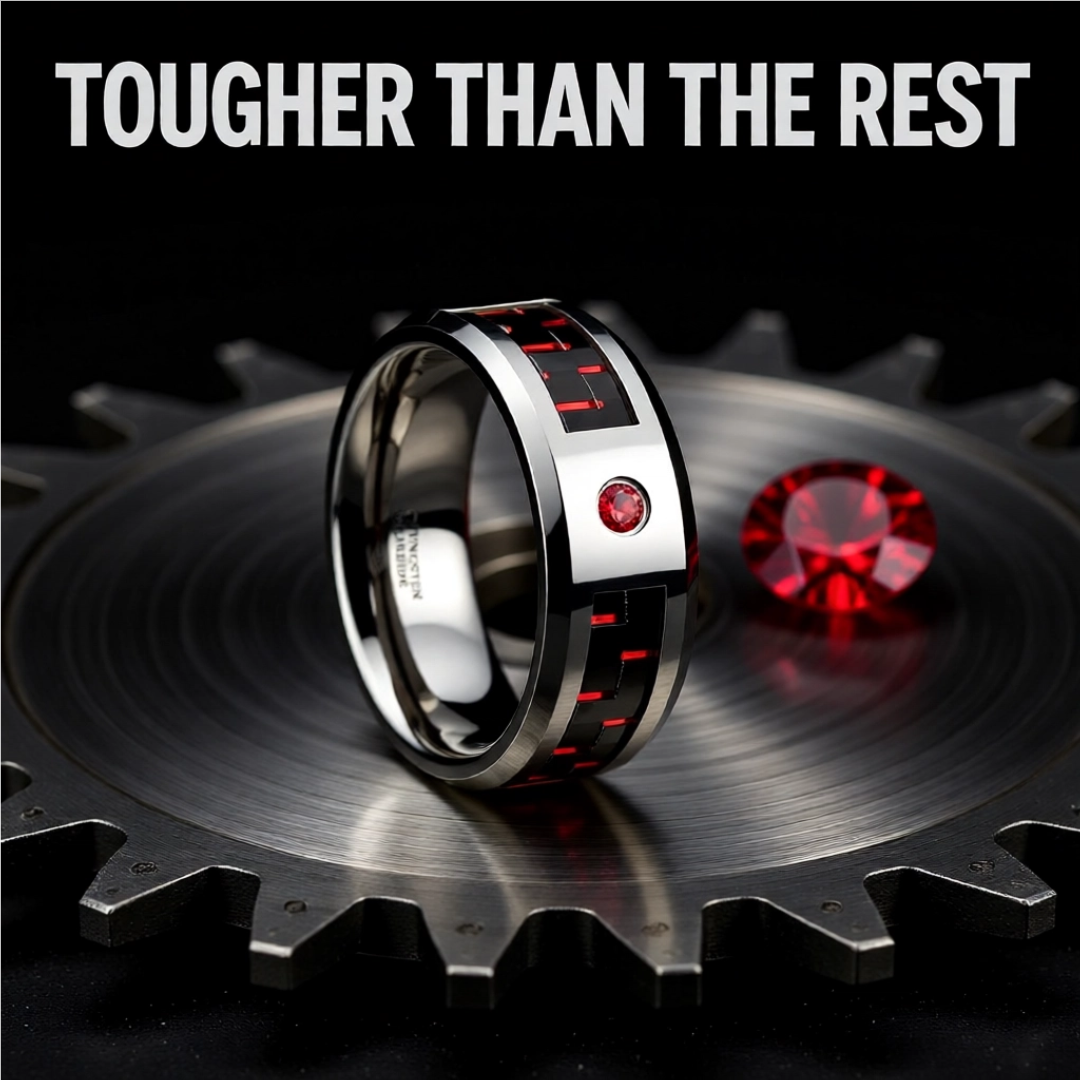 Comfort Fit Tungsten Carbide - Mens Wedding Band Ring - Black and Red Carbon Fiber Inlay - Bezel Set Lab Created Red Ruby - Beveled Edges - Style name: ADRIAN - 8mm wide