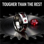 Load image into Gallery viewer, Comfort Fit Tungsten Carbide - Mens Wedding Band Ring - Black and Red Carbon Fiber Inlay - Bezel Set Lab Created Red Ruby - Beveled Edges - Style name: ADRIAN - 8mm wide
