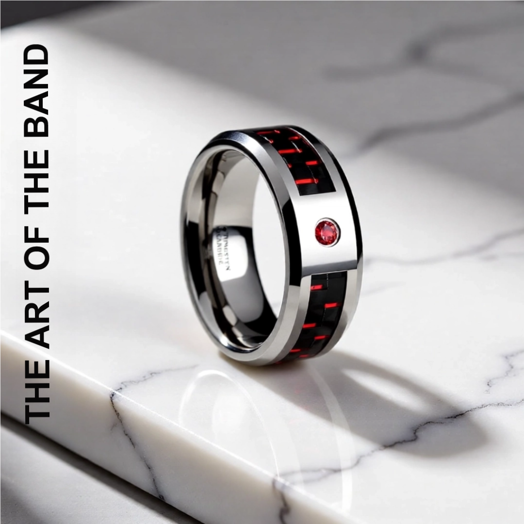Comfort Fit Tungsten Carbide - Mens Wedding Band Ring - Black and Red Carbon Fiber Inlay - Bezel Set Lab Created Red Ruby - Beveled Edges - Style name: ADRIAN - 8mm wide