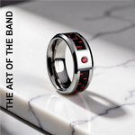 Load image into Gallery viewer, Comfort Fit Tungsten Carbide - Mens Wedding Band Ring - Black and Red Carbon Fiber Inlay - Bezel Set Lab Created Red Ruby - Beveled Edges - Style name: ADRIAN - 8mm wide
