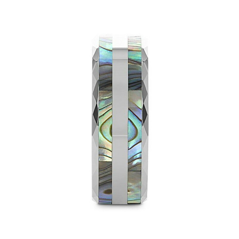Mens Double Abalone Shell Inlay Faceted Tungsten Beveled Polished Edges Wedding Ring - 8mm Wide - Style name: PAUA