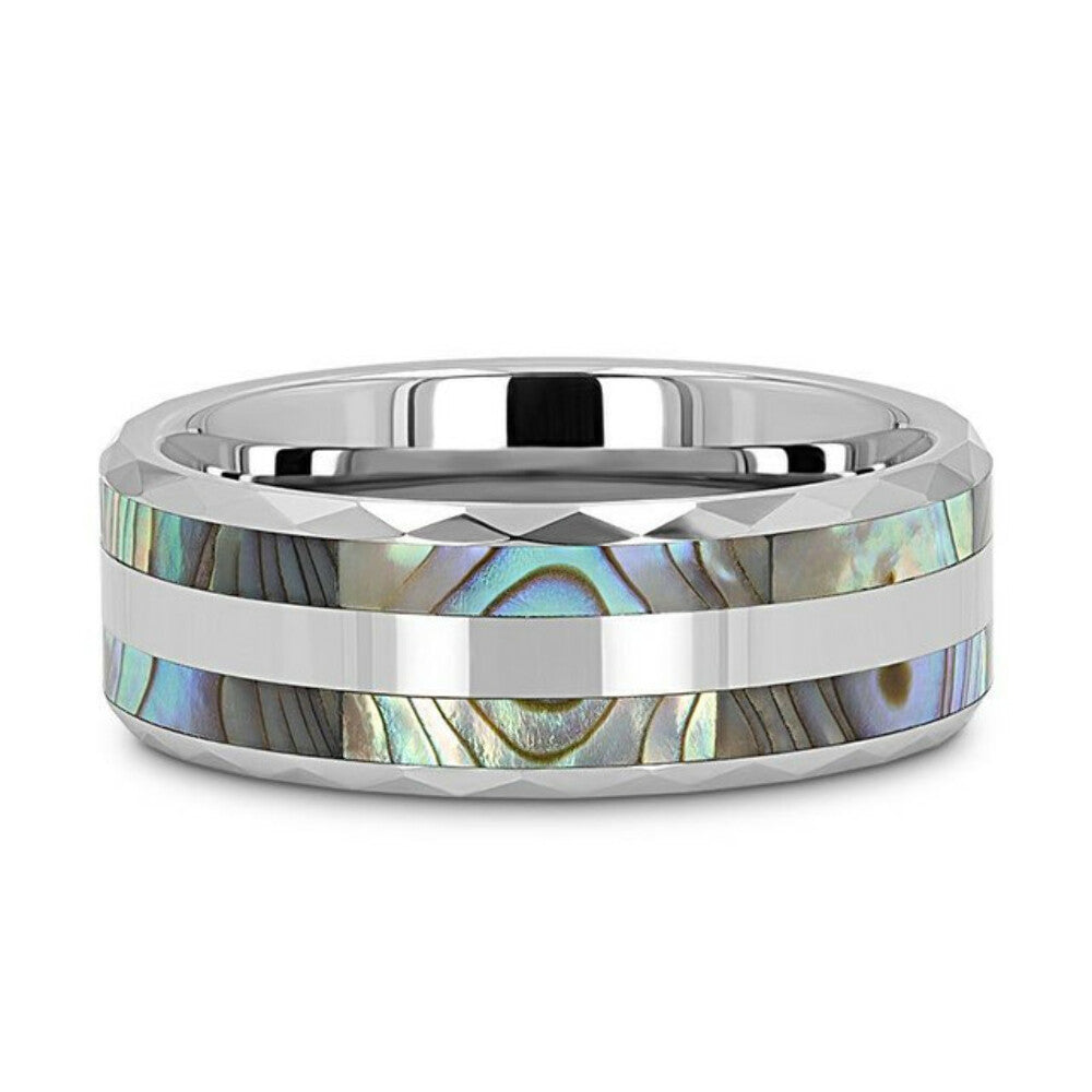 Mens Double Abalone Shell Inlay Faceted Tungsten Beveled Polished Edges Wedding Ring - 8mm Wide - Style name: PAUA